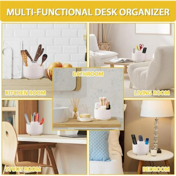Rotating Makeup Organizer Brush Holder Desktop Cosmetic Storage Box White - Picture 6 of 8